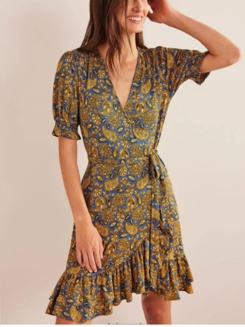 NEW Boden Wrap Jersey Ruffle Hem Midi Dress Paisley Print size 16